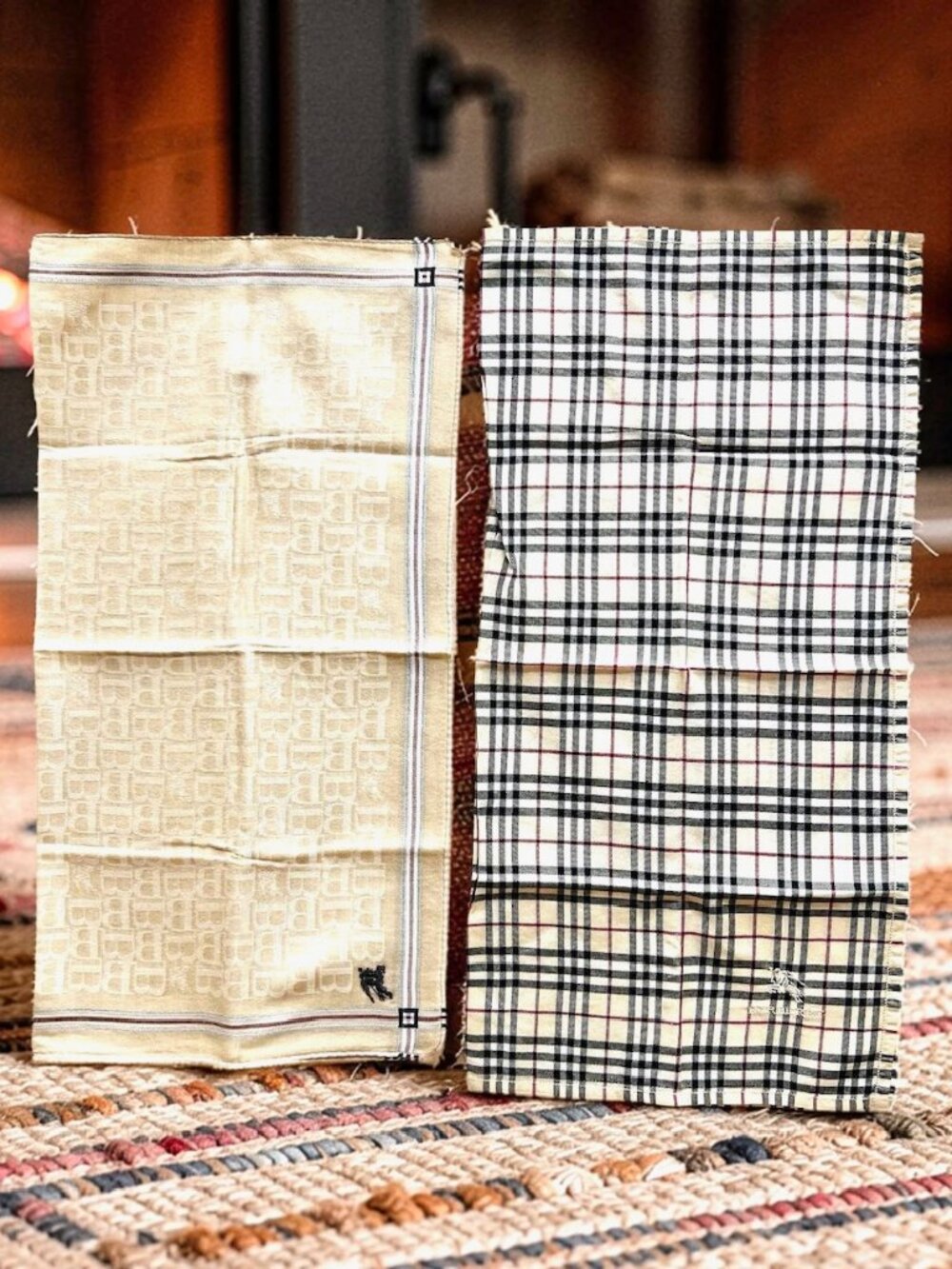 (2) Men Burberrys Handkerchief 18" Cotton Beige Gold Gray Black Nova Check (95